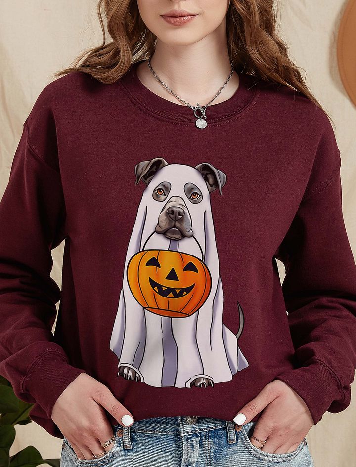 Pitbull(Blue/Gray) Halloween Sweatshirt | Funny Halloween Staffordshire Wearing a Ghost Costume with Pumpkin Basket product image (14)