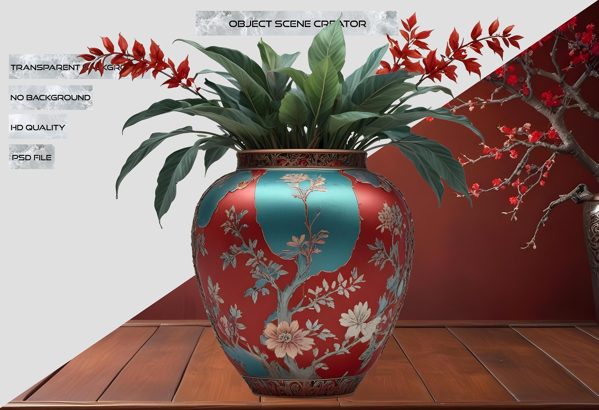 Chinese Porcelain Vase – Luxurious Red and Turquoise Floral Design PNG product image (2)