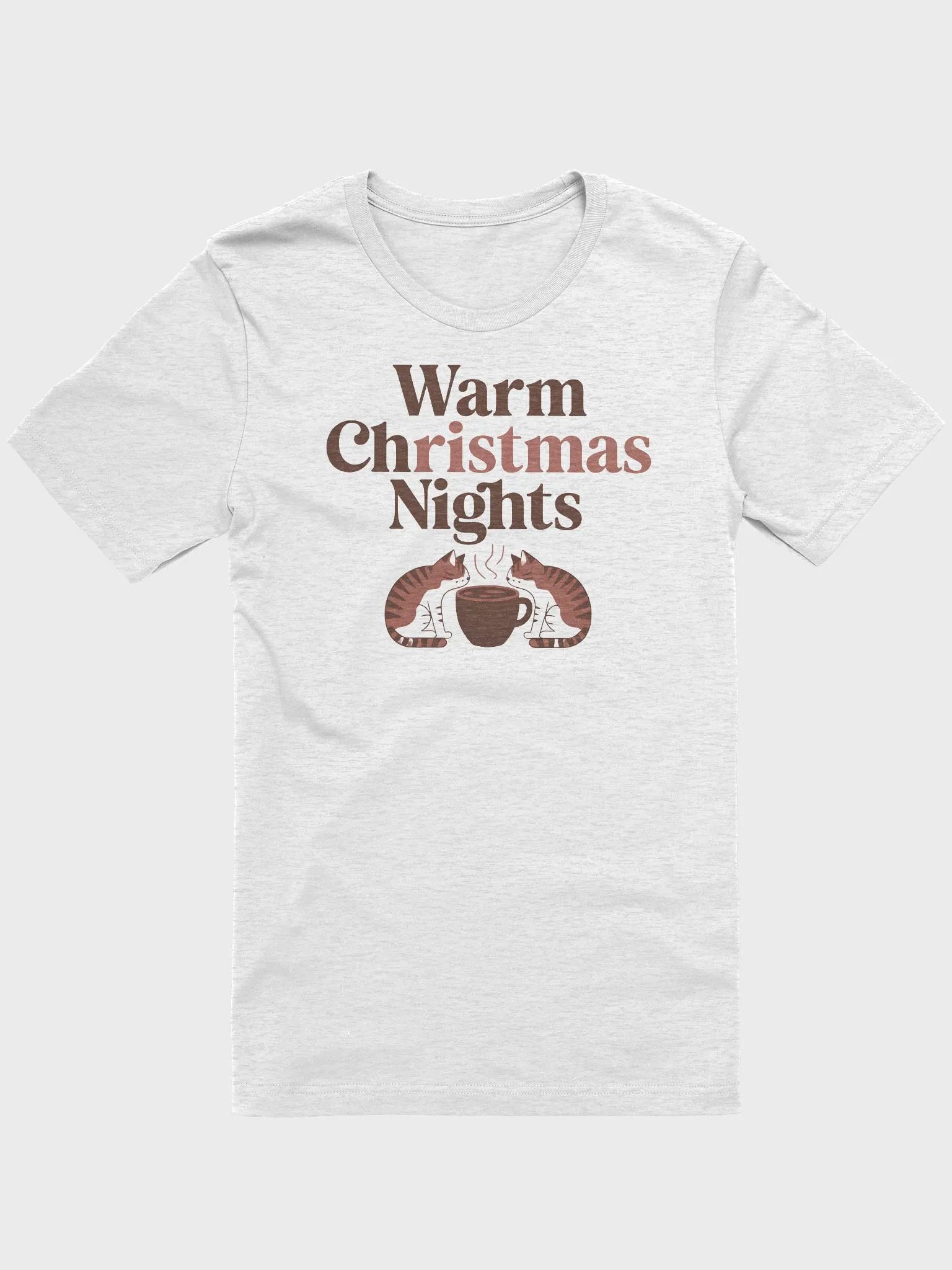 “Warm Christmas Nights” t-shirt, holiday spirit apparel, cozy winter evenings shirt, serene cats illustration, steaming mug graphic, holiday gatherings outfit, Christmas gift idea, winter season shirt product image (1)