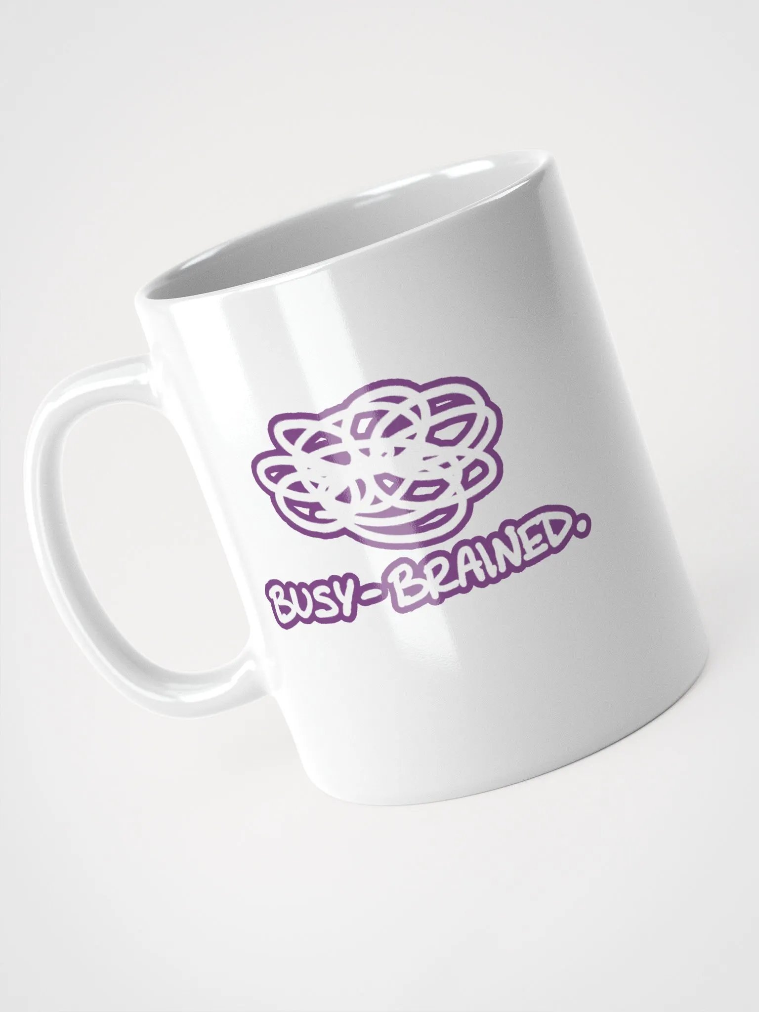 BUSY-BRAINED (lined design, #763D7D) glossy white mug product image (5)