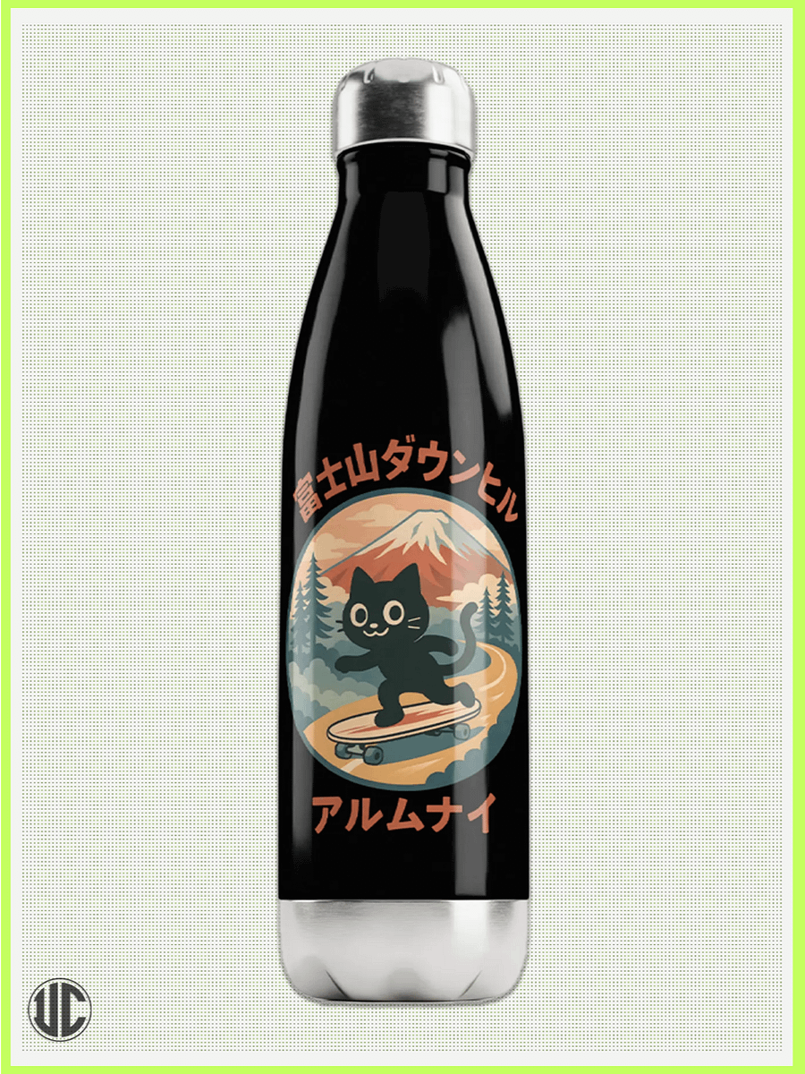 UnkoCon Stainless Steel Water Bottle – Fuji Downhill Skater Cat (17 oz) product image (1)