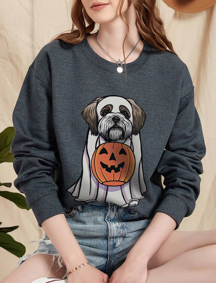 Funny Halloween Shih Tzu Sweatshirt | Funny Dog Wearing a Ghost Costume and Holding a Pumpkin Basket product image (5)