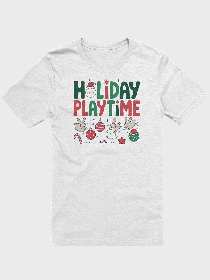 “HOLIDAY PLAYTIME” t-shirt, Holiday-themed shirt, Playful rabbit graphic, Cheerful holiday message, Perfect for holiday gatherings, Fun gift idea for the season, Spread joy and inspiration, gift idea product image (1)
