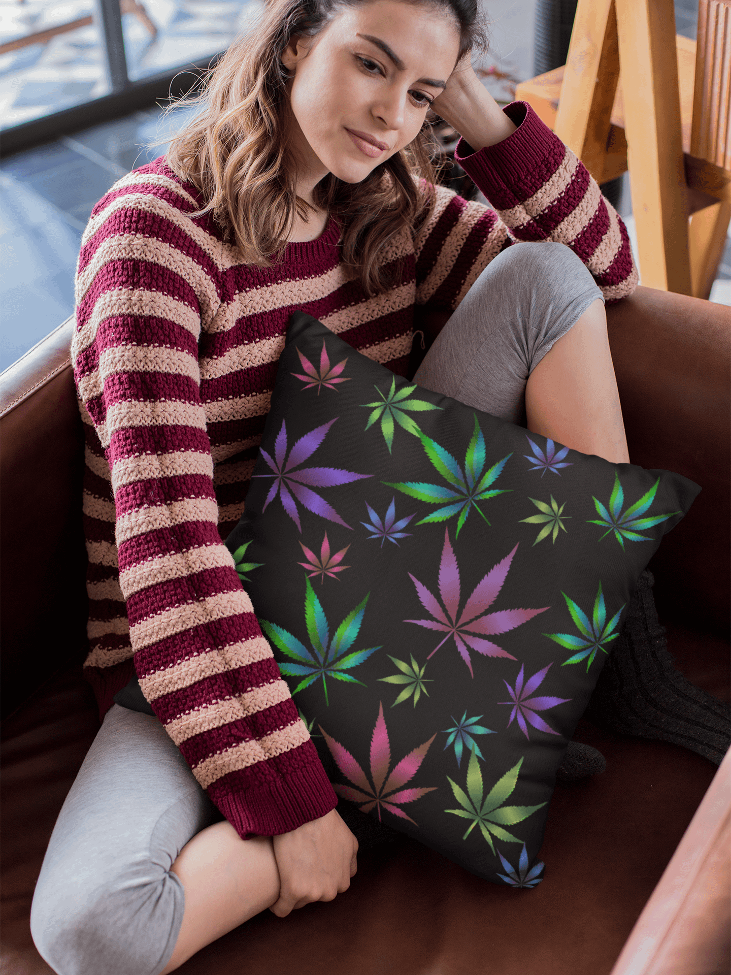 Vibrant Vibes - Colorful Cannabis Leaf - Premium Throw Pillow product image (1)