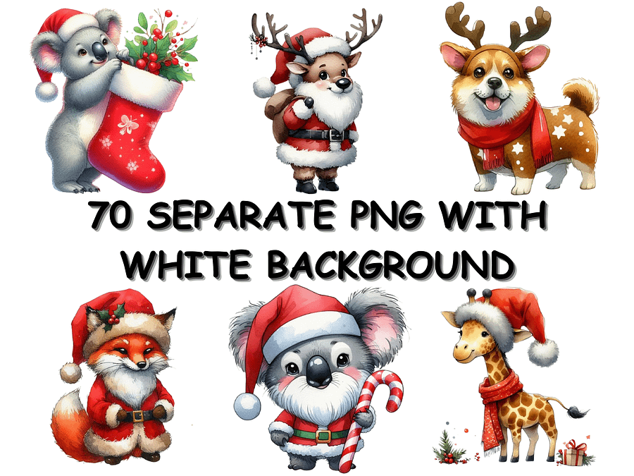 Watercolor Animals in Christmas Santa Claus Costumes PNG, Cute  Christmas Clipart, PNG Download, Christmas PNG Bundle product image (5)