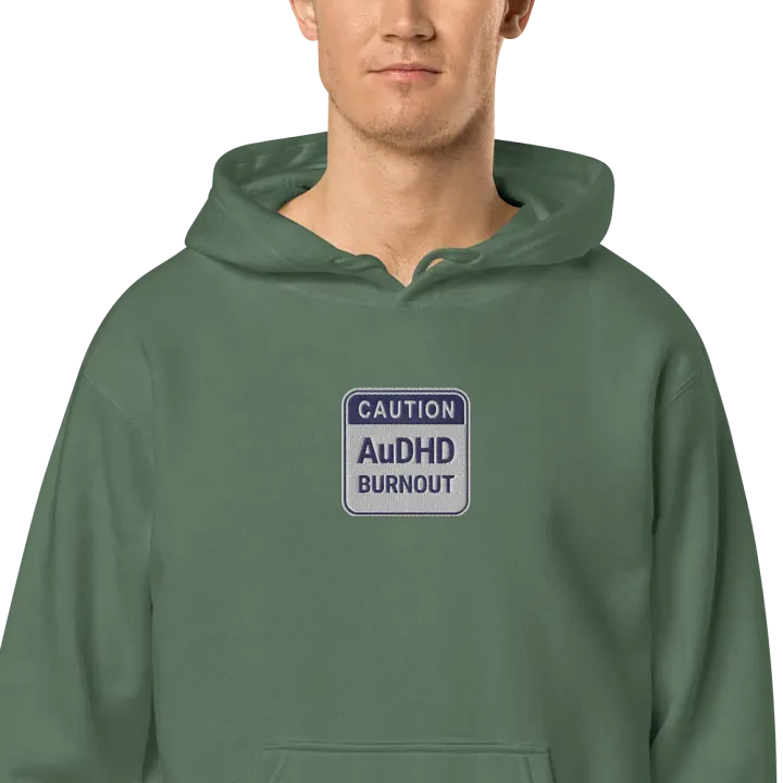 CAUTION: AuDHD BURNOUT embroidered pigment hoodie (navy design) product image (2)
