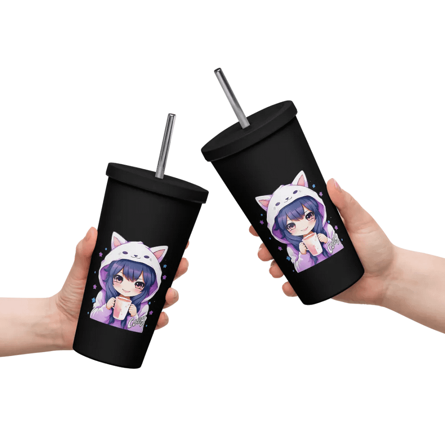 Cozy Kawaii Anime Girl 20 oz Tumbler Cup - Black - Insulated Tumbler with a Straw product image (10)