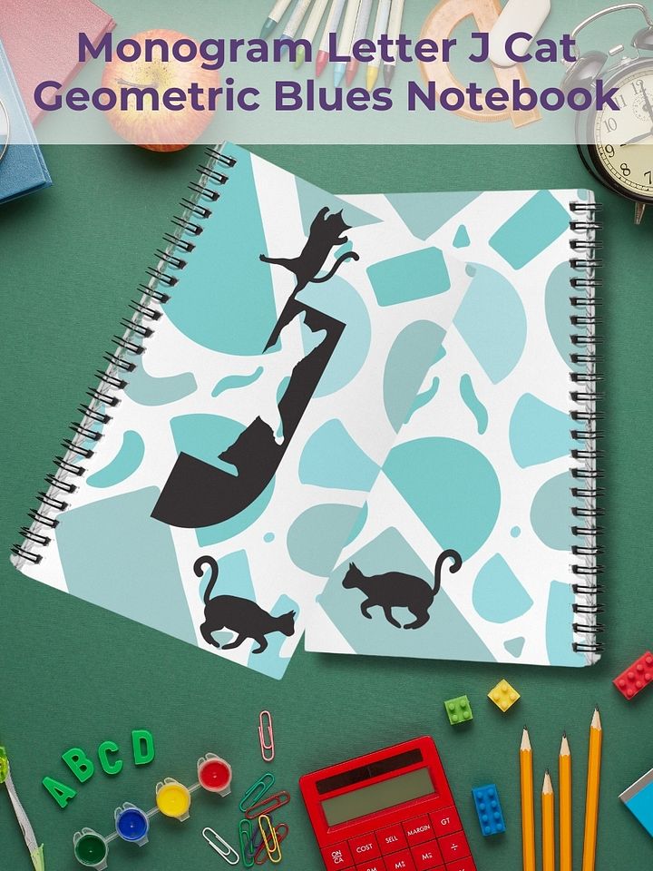 Monogram Letter J Cat Lover Geometric Blues Notebook product image (1)