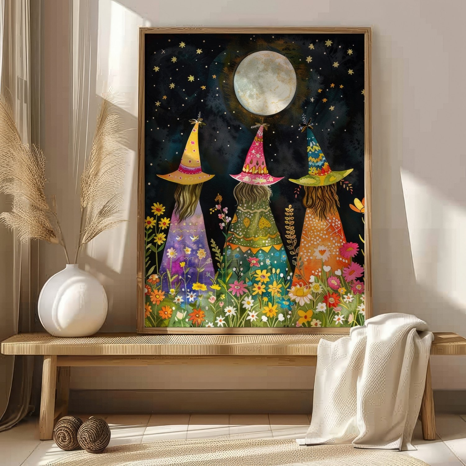 Whimsical Witches Under The Fullmoon Colorful Art Print product image (21)