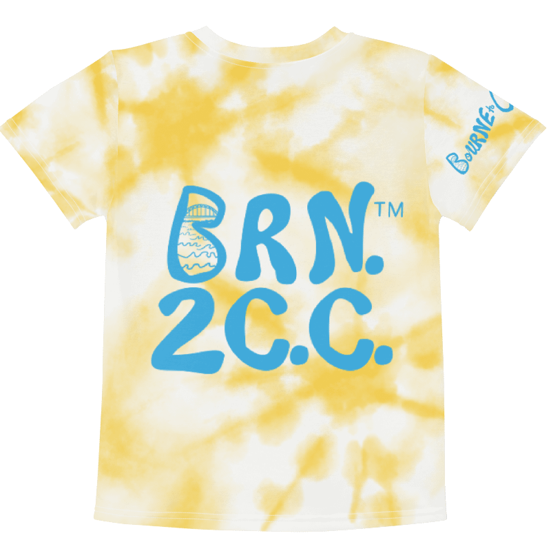 Boys' | Kids T-Shirt | BOURNE to Cape Cod™ | Vibrant Coastal Tee for Kids | Blue Logo on Yellow Tie-Dye product image (2)
