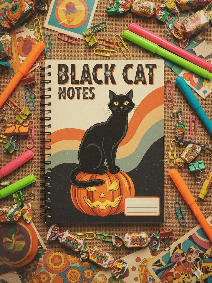 Black Cat Notes Digital Notebook Cover | Halloween Printable Journal | Retro 70s Spooky Stationery | Vintage Cat Lover Planner product image (1)