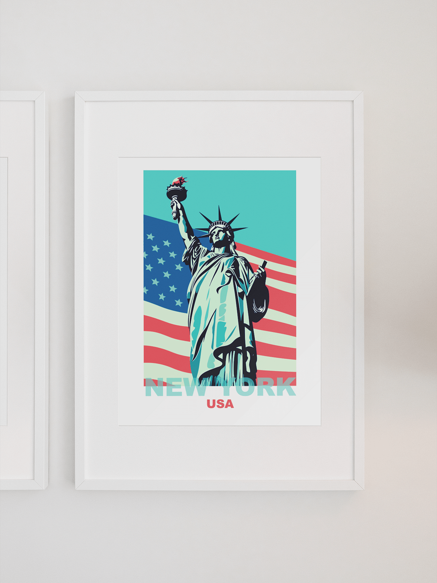 Statue of Liberty with American Flag Poster, Patriotic New York USA Wall Art, Iconic Landmark Print, Bold Graphic Travel Decor product image (1)