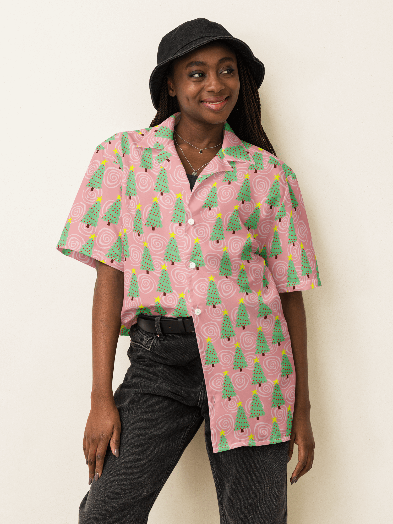 Mint Green Christmas Trees on Pink Oversized Button Down Shirt product image (7)