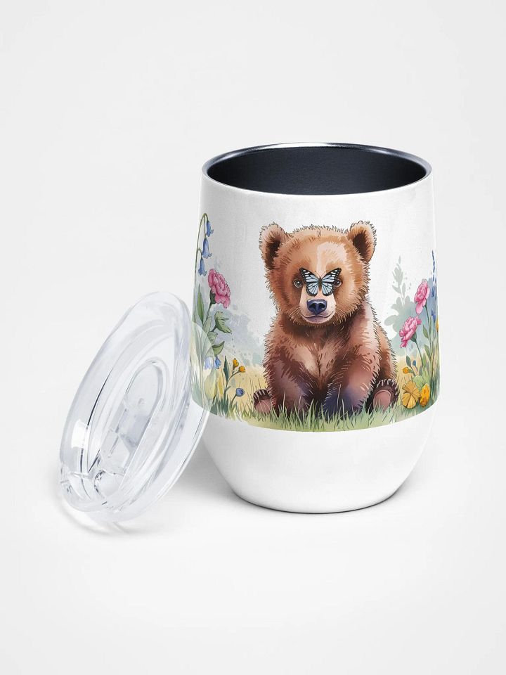 Butterfly Kisses Bear Cub 12 Oz Wine Tumbler - Adorable Brown Bear with Butterfly & Floral Design product image (1)