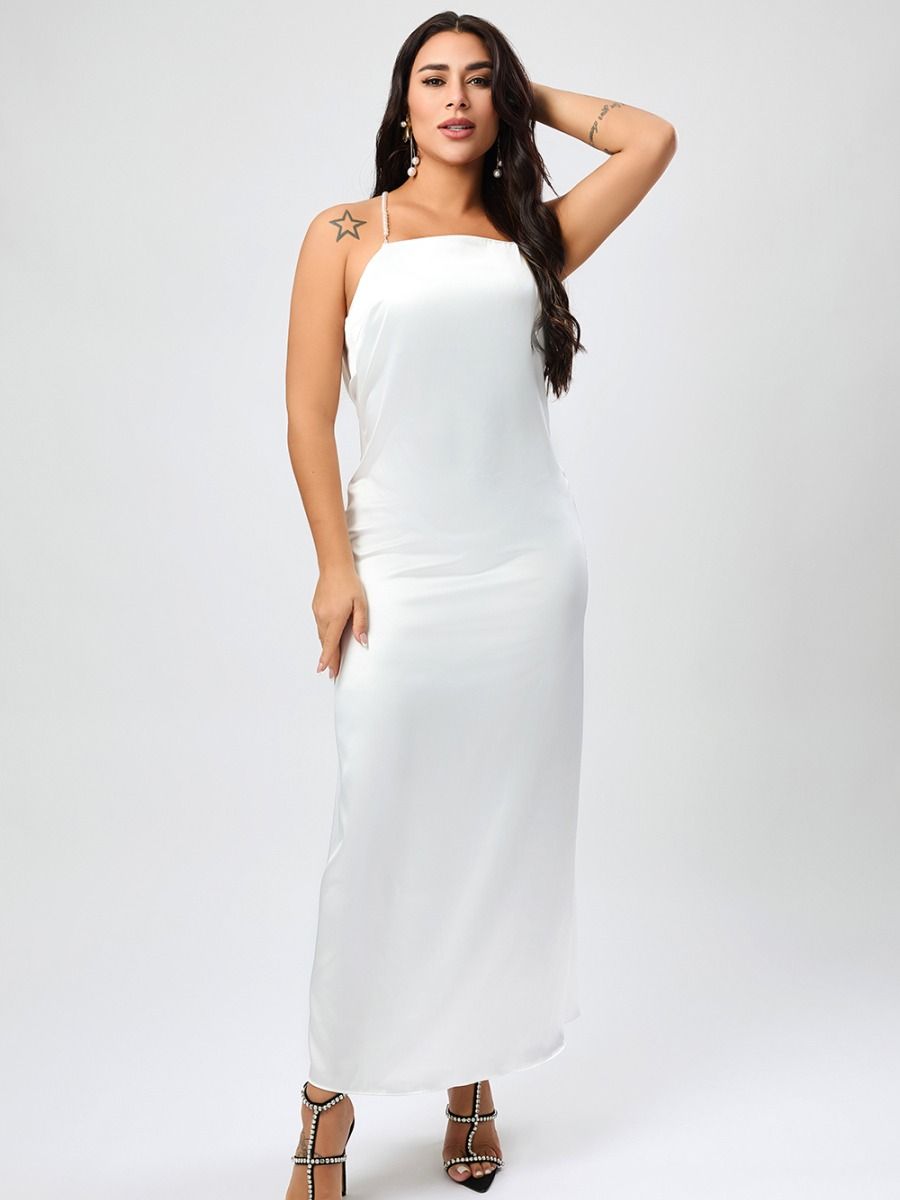 Wholesale non-stretch satin backless faux pear decor sling split maxi dress product image (1)