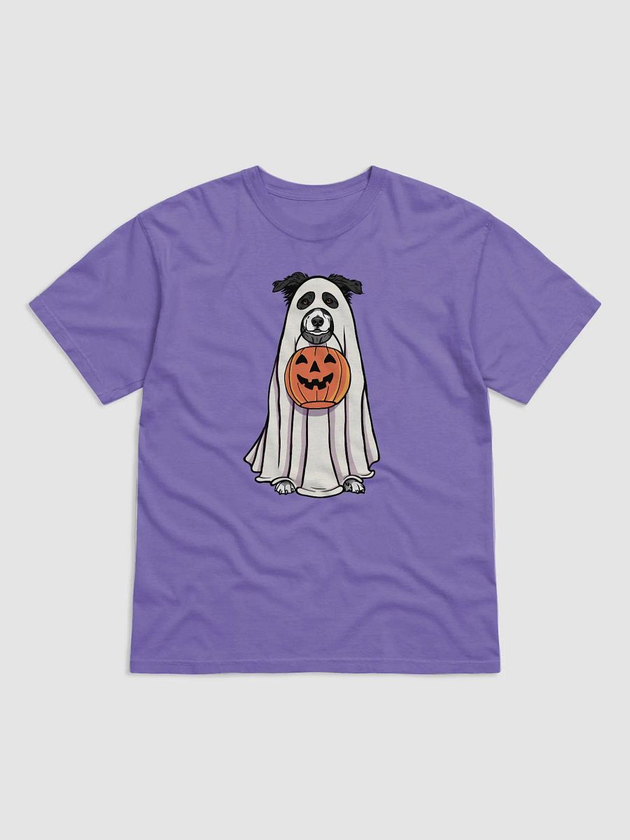 Funny Halloween Australian Shepherd(Black and White)T-Shirt | Funny Aussie Wearing a Ghost Costume and Holding a Pumpkin Basket product image (19)