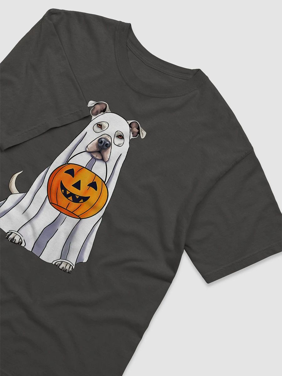 Pitbull(White) Halloween Tee | Funny Fall Halloween Staffordshire Wearing a Ghost Costume with Pumpkin Basket product image (8)