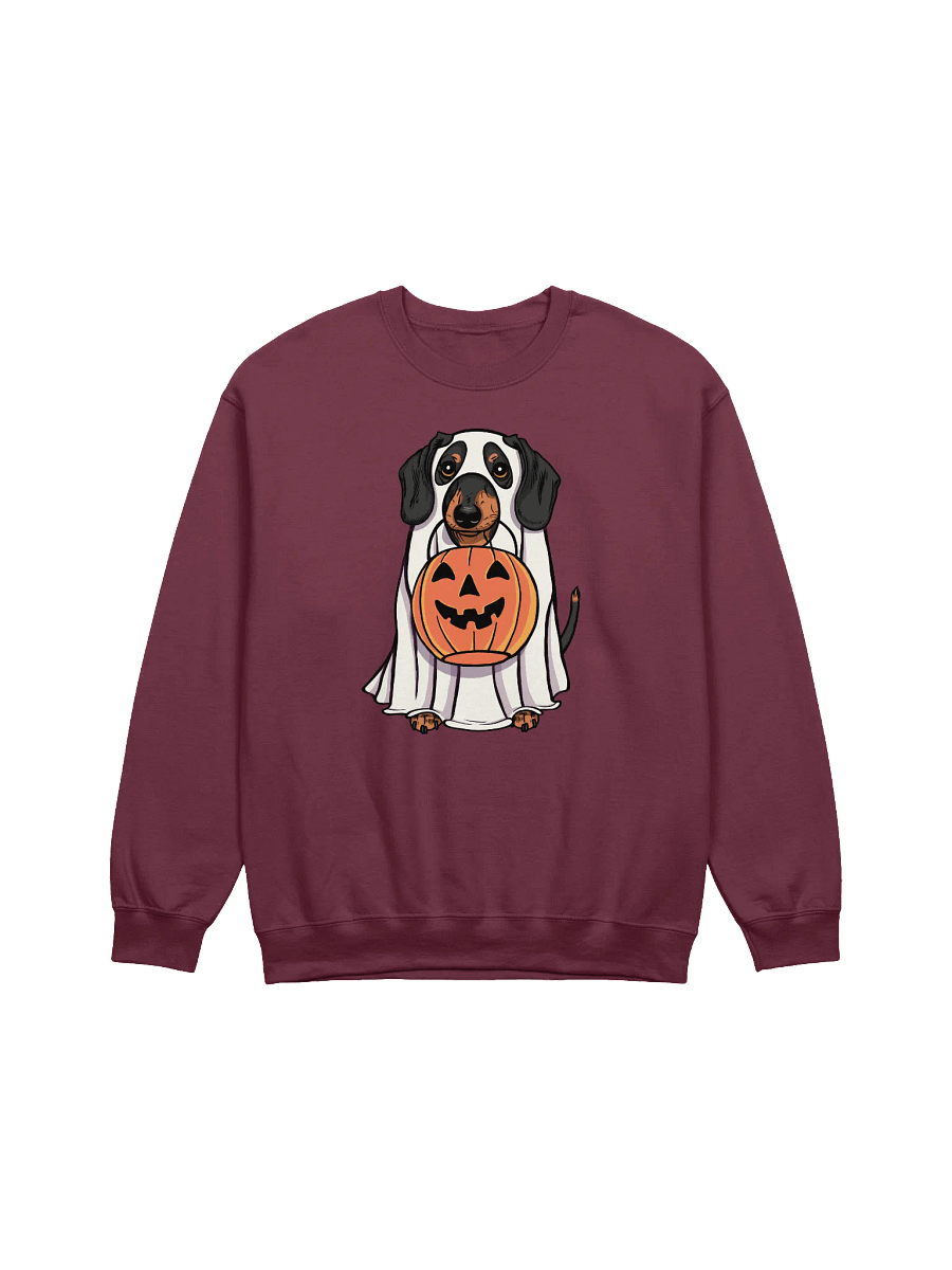 Funny Halloween Dachshund Sweatshirt | Funny Doxie/Wiener Wearing a Ghost Costume and Holding a Pumpkin Basket product image (8)