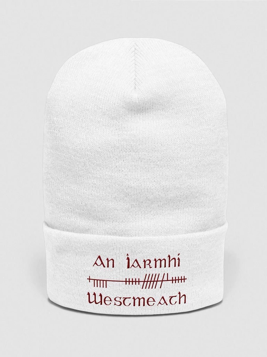 Westmeath/An Iarmhí Orthodox style Ogham, white with maroon, embroidered Cuffed Beanie product image (1)