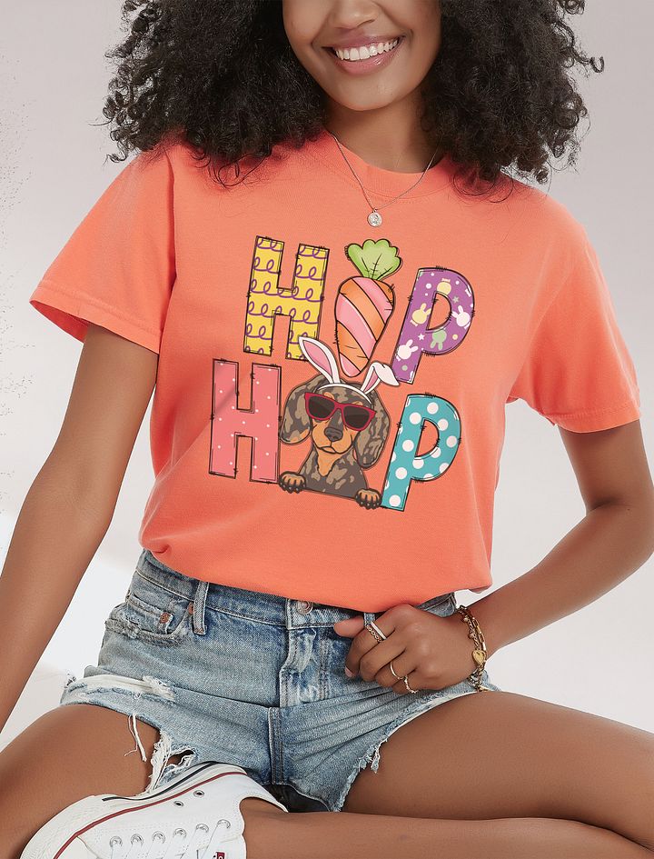 Hip Hop Easter Dachshund (Dapple) T-Shirt | Cute Easter Day Wiener/Doxie Wearing Bunny Ears and Sunglasses T-Shirt product image (23)