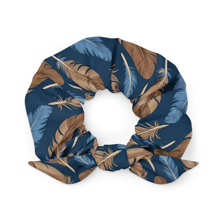 Hair Scrunchie - Blue and Brown Feathers on Blue Background product image (1)