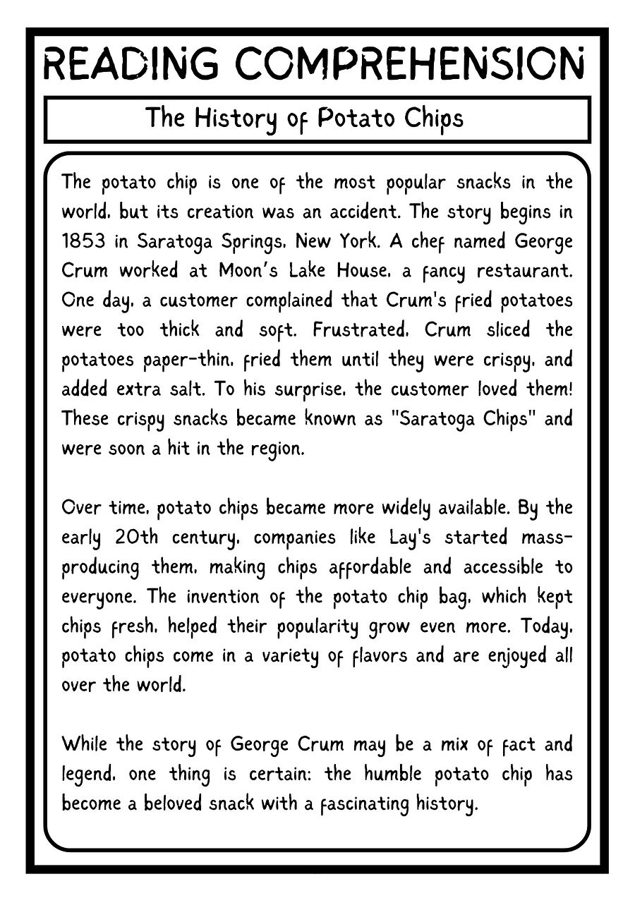 History of Potato Chips READING COMPREHENSION WITH 5 QUESTIONS PDF WORKSHEET product image (2)