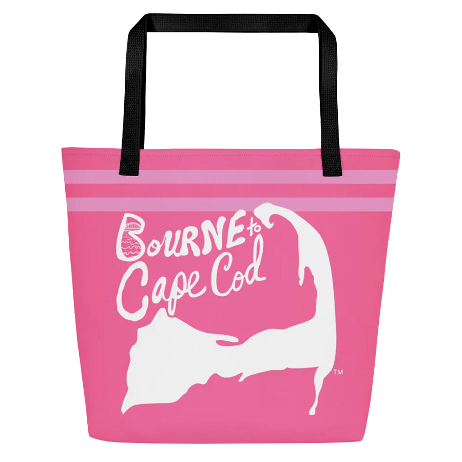 BOURNE to Cape Cod™ | Large Tote Bag with Pocket | Coastal Classic | All-Over Logo Print | White Logo on Pink Stripes product image (3)