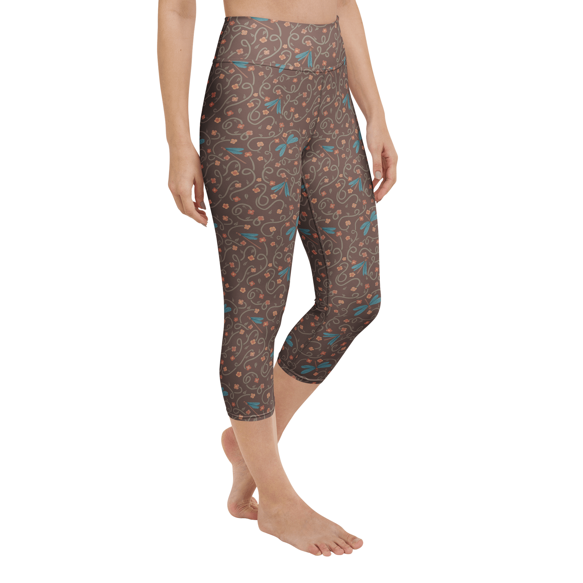 All-Over yoga capri leggings. Dragonfly and floral artistic activewear product image (2)