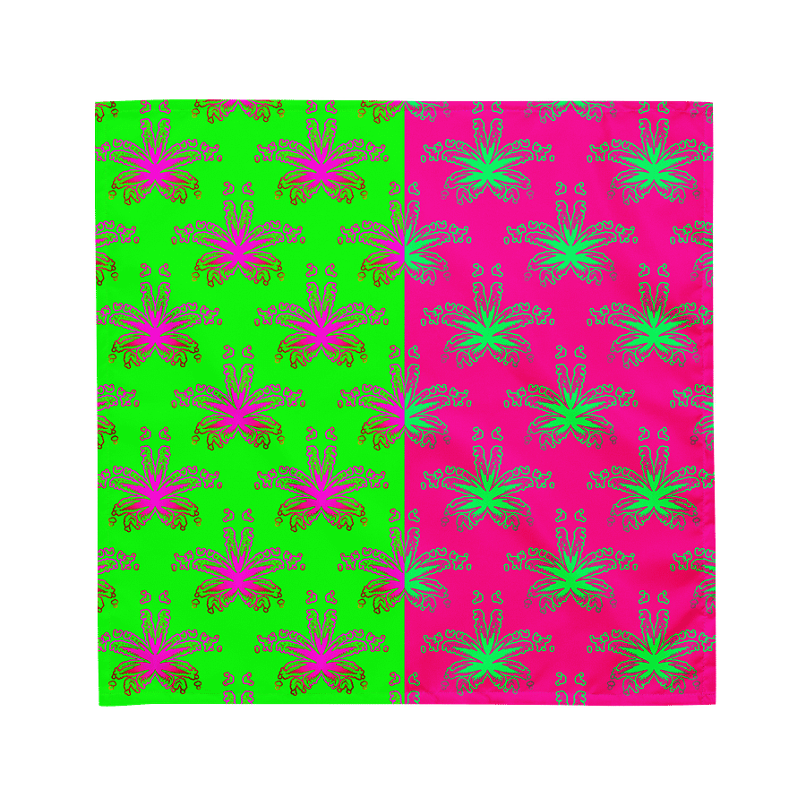Neon Green Pink Cannabis Twisted Budz Bandana, 420 Art Summertime Stoner Style Fashion, Weird Weed Leaf Pattern All-Over Print Odd Accessory product image (1)