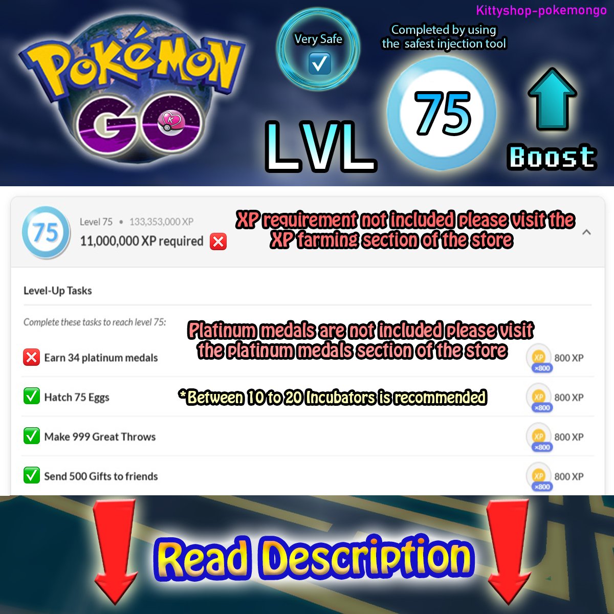 🔵Pokémon Go! LVL 75 Boost ⬆️- level 75 Quests completion fast and Very Safe by an experienced player product image (1)