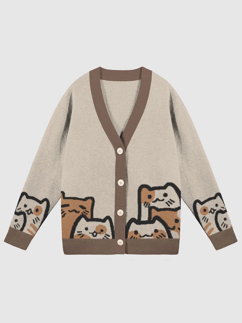 cats! cats everywhere! (taupe knitted cardigan)