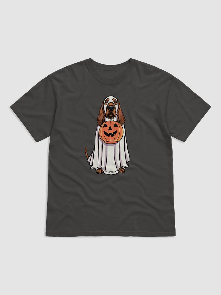 Funny Halloween Bloodhound(Red) T-Shirt | Funny Bloodhound Wearing a Ghost Costume and Holding a Pumpkin Basket product image (1)