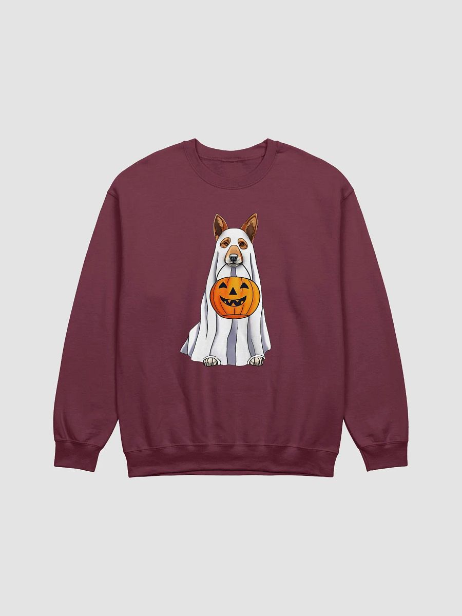 Australian Cattle Dog Halloween Sweatshirt | Funny Halloween Red Heeler Wearing a Ghost Costume with Pumpkin Basket product image (16)