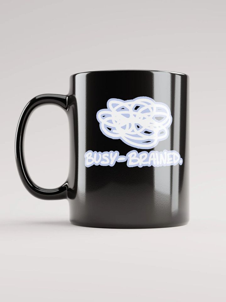 BUSY-BRAINED (lined design, #BDCAEF) glossy black mug product image (2)