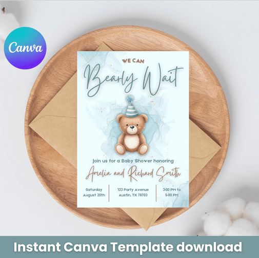 We Can Bearly Wait Baby Shower Invitation | Bear Theme | Editable Canva Template | Instant Download | DIY Baby Shower Invite