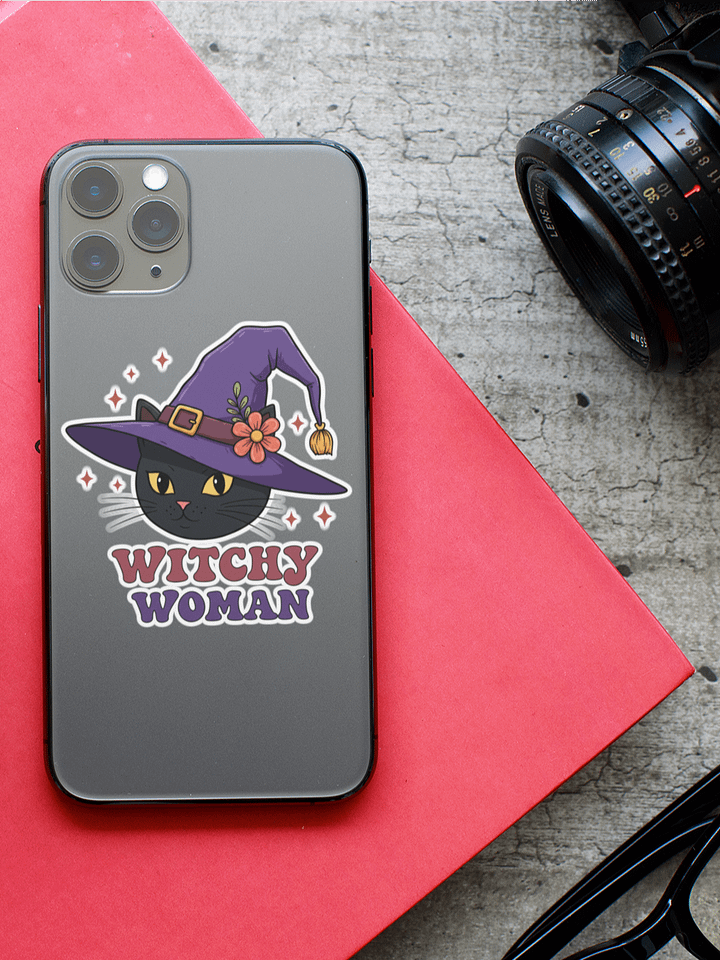 Witchy Woman Kiss-Cut Sticker – Cute Black Cat Witch Hat Sticker, Spooky Halloween Vinyl Decal, Gothic Aesthetic Laptop & Water Bottle Sticker product image (1)