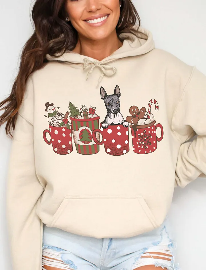 Cute American Hairless Terrier in a Christmas Cup Hooded Sweatshirt | Funny Christmas Pup in a Cup product image (16)