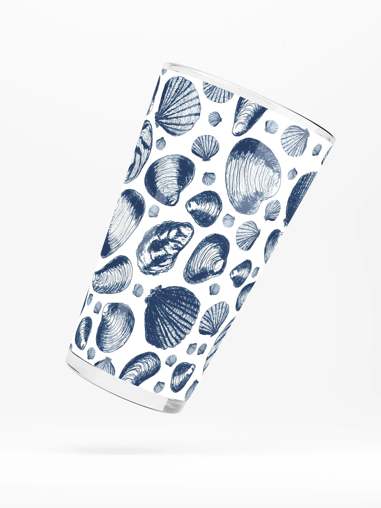 New England Tidal Treasures | | Dark Blue on White | Coastal Shell Repeat | Shaker Pint Glass by Monique Faella Designs™ Shell Yeah, It’s Sip Time 🐚🍺🌊 product image (5)