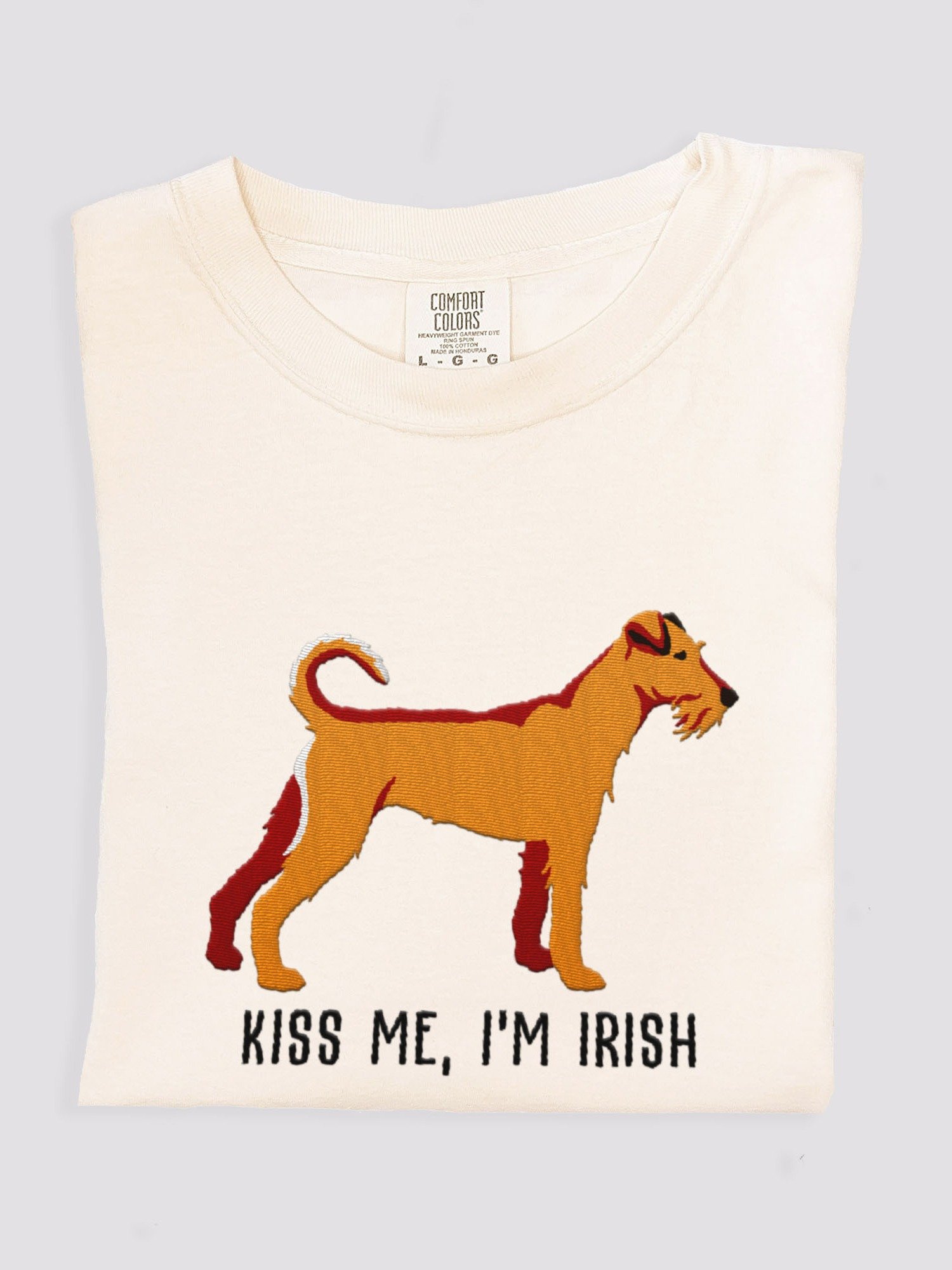 Kiss Me, I'm Irish T-Shirt(Embroidered) of an Irish Terrier(Tan) product image (1)