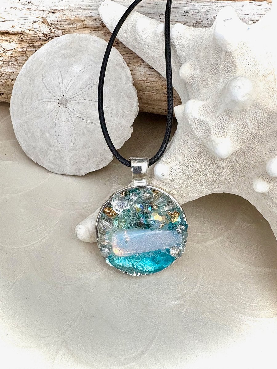 Mixed Metal Horizon Sea Glass Pendant Necklace | Handmade Bead & Sea Glass Art | Coastal Charm Jewelry by Monique Faella Designs™ | MFD-00227 product image (7)