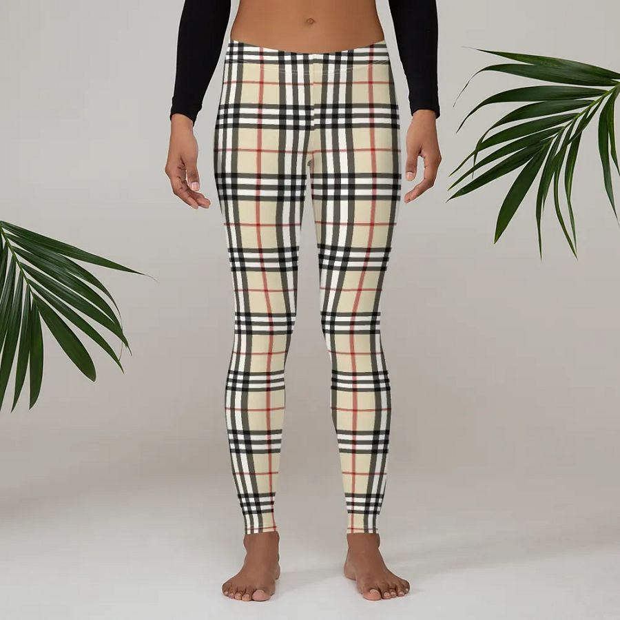 Classic Beige Plaid Leggings: Timeless Tartan Print Women's Fashion Pants product image (3)