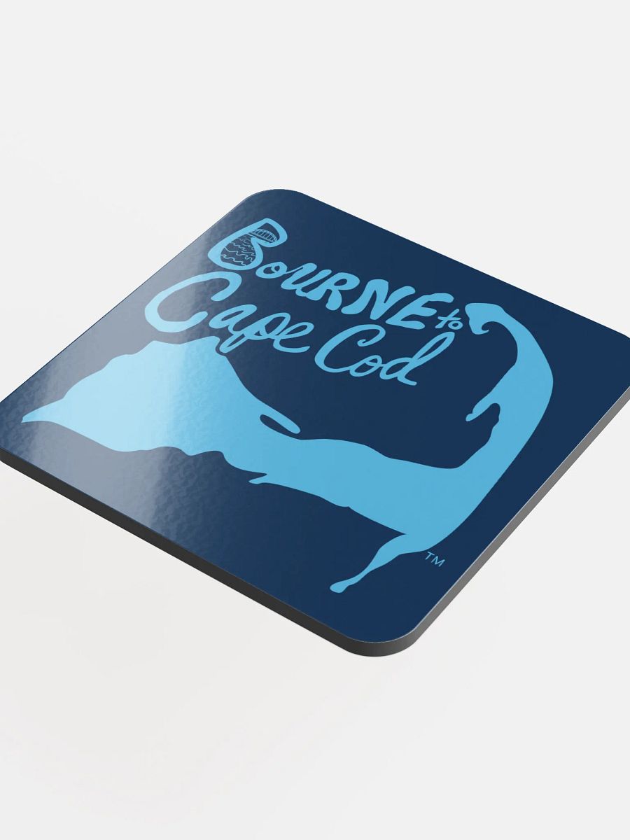 BOURNE to Cape Cod™ | Coastal Coaster | Glossed Cork | Eco-Friendly | Minimalist Coastal Decor | 3.74" Square | Blue Logo on Navy product image (4)
