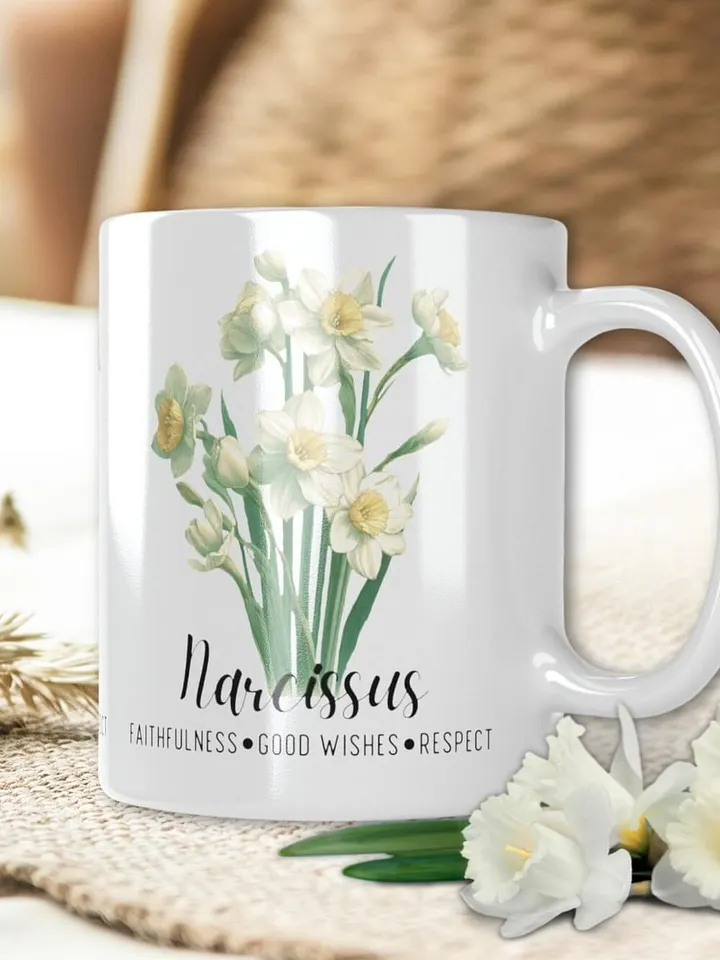 Narcissus Ceramic White Mug: Faithfulness, Good Wishes, Respect December Birth Month Flower product image (1)