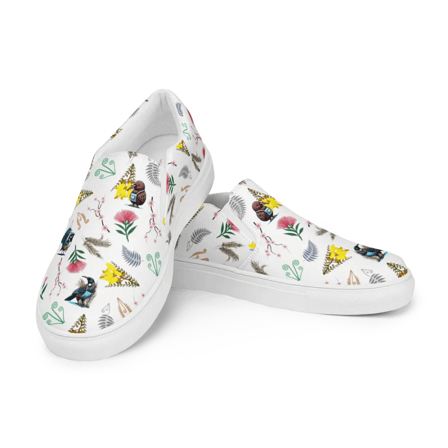 NZ Blooms and Birds Slip-On Canvas Shoes (White) product image (1)