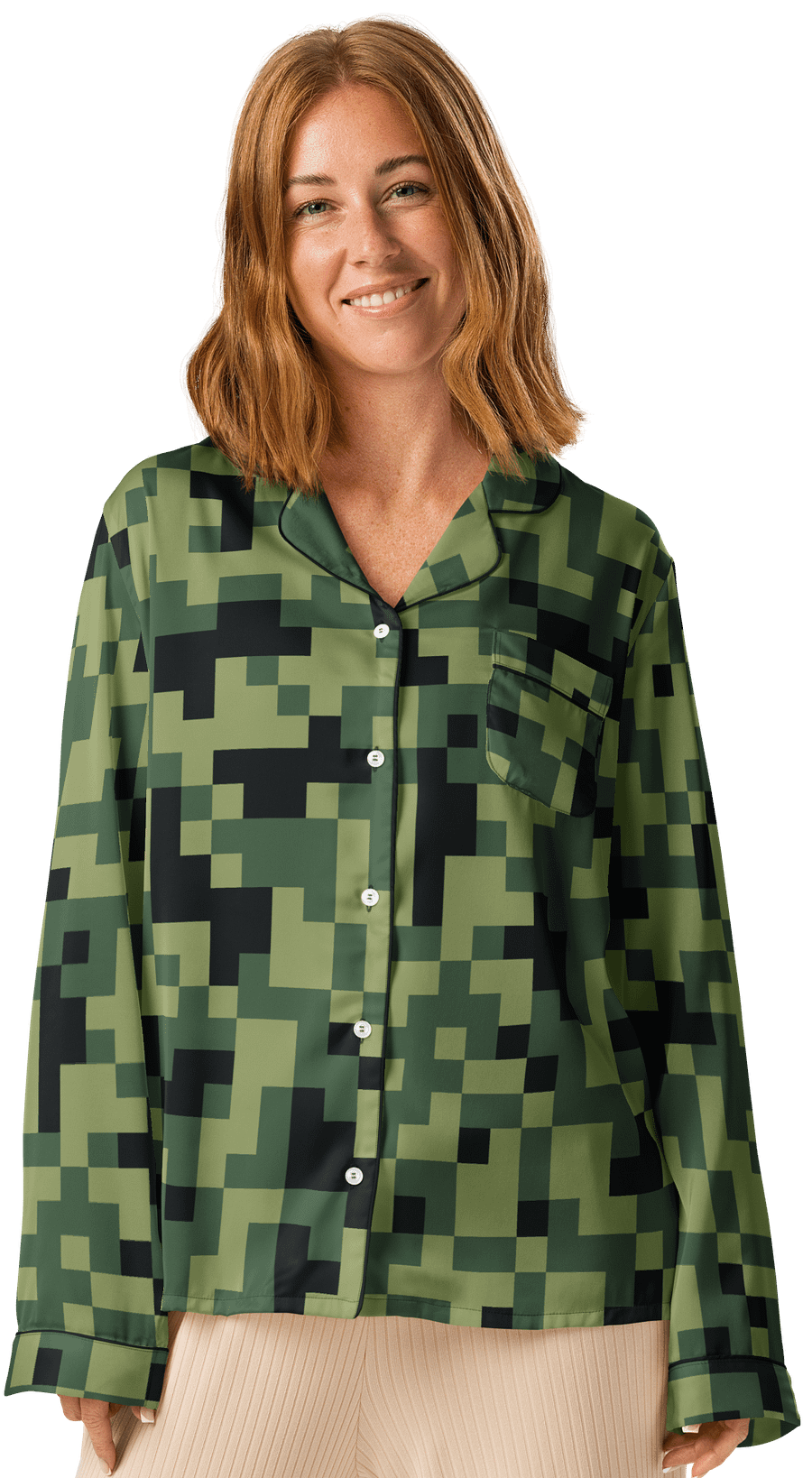 Military Green Camouflage Pixels Camo Pattern Women's Long Sleeve Pajama Top product image (2)