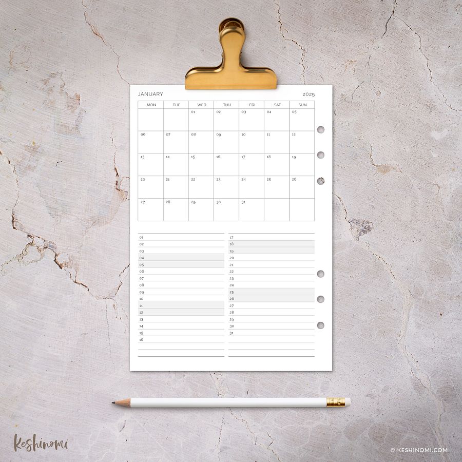 DATED 2025 Month on One Page - A5 Printable Planner Insert product image (2)