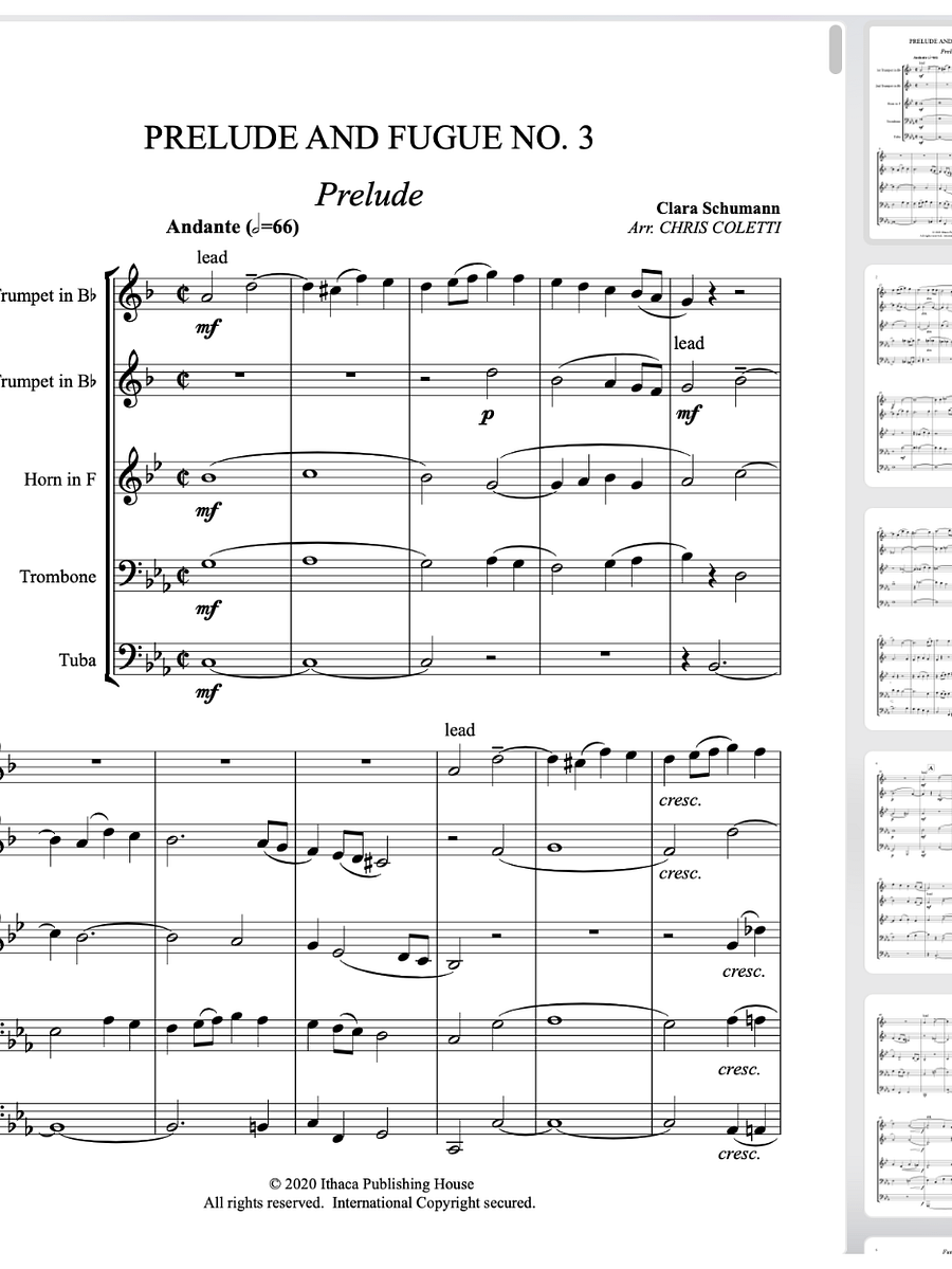 Clara Schumann: Prelude and Fugue No. 3 (Brass Quintet Arr. Chris Coletti product image (1)