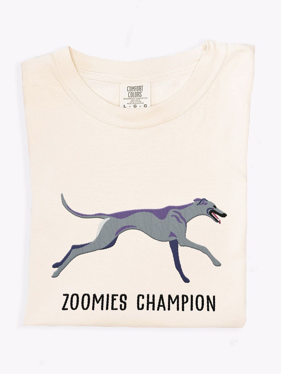 Zoomies Champion T-Shirt(Embroidered) of a Greyhound(Blue) product image (1)