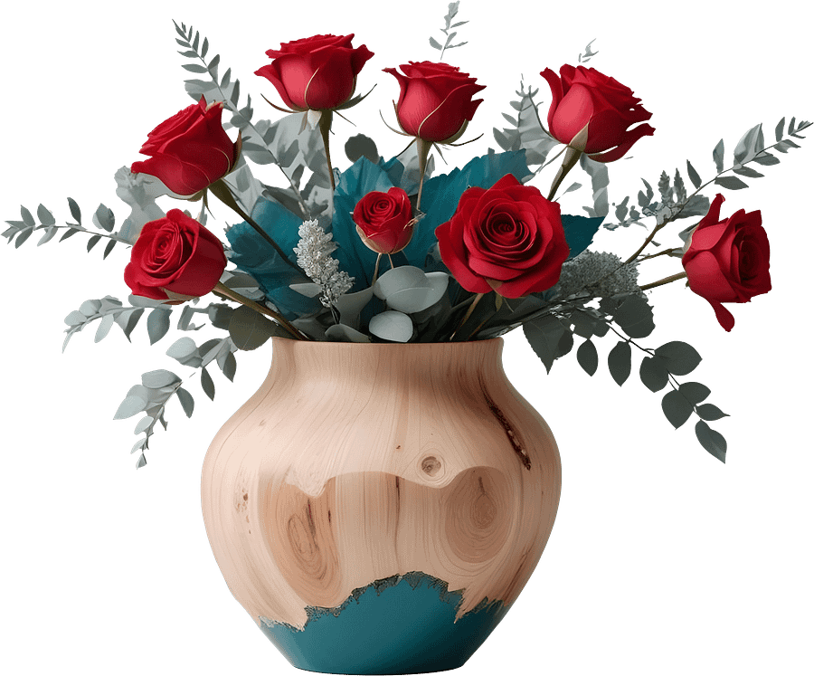 Rustic Teal and Wooden Vase with Red Roses PNG product image (1)