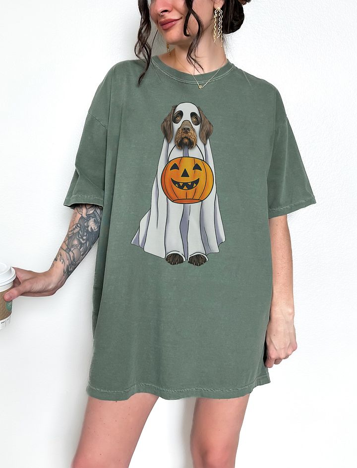 German Wirehaired Pointer Halloween Tee | Funny Halloween GWP Wearing a Ghost Costume with Pumpkin Basket product image (1)